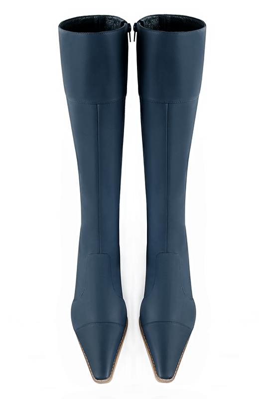 Denim blue women's riding knee-high boots. Tapered toe. Low leather soles. Made to measure. Top view - Florence KOOIJMAN
